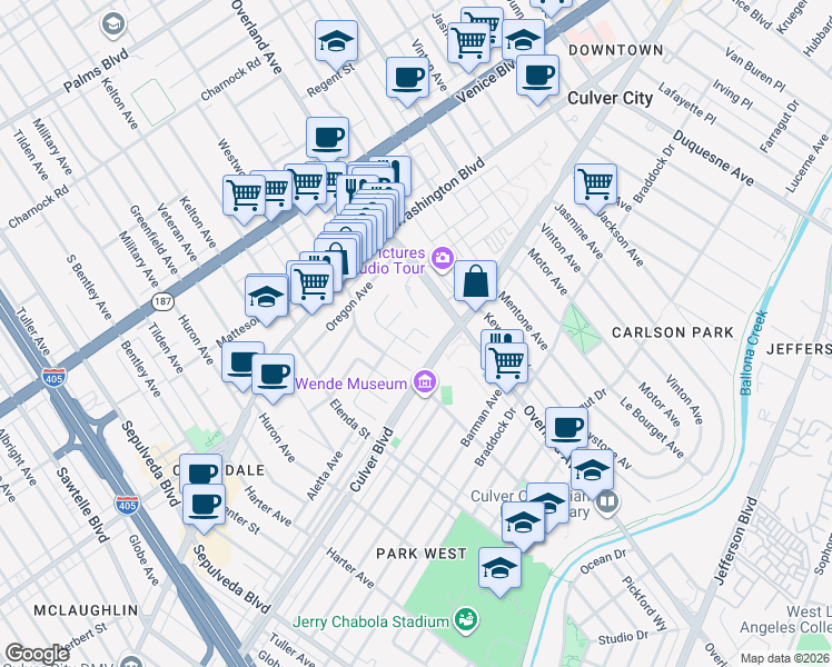 map of restaurants, bars, coffee shops, grocery stores, and more near 10735 Garland Drive in Culver City