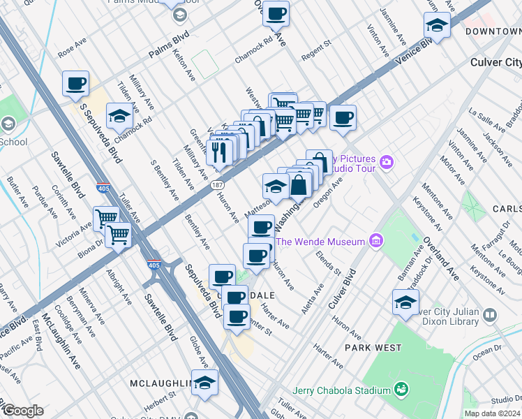 map of restaurants, bars, coffee shops, grocery stores, and more near 3864 Prospect Avenue in Culver City