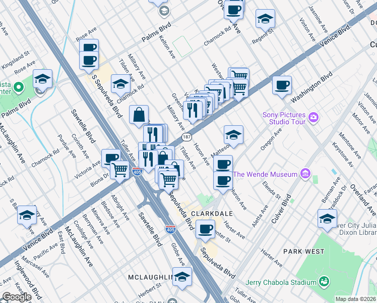 map of restaurants, bars, coffee shops, grocery stores, and more near 11028 Venice Boulevard in Culver City