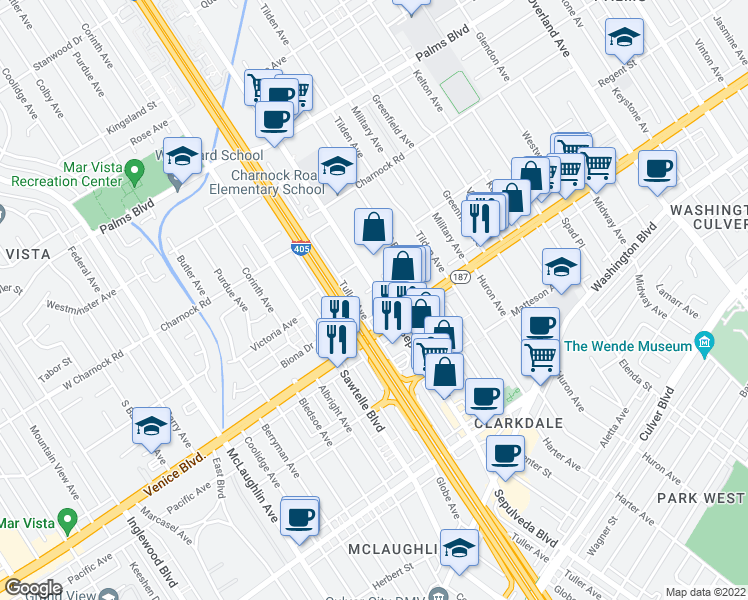 map of restaurants, bars, coffee shops, grocery stores, and more near 3747 Dufresne Court in Los Angeles