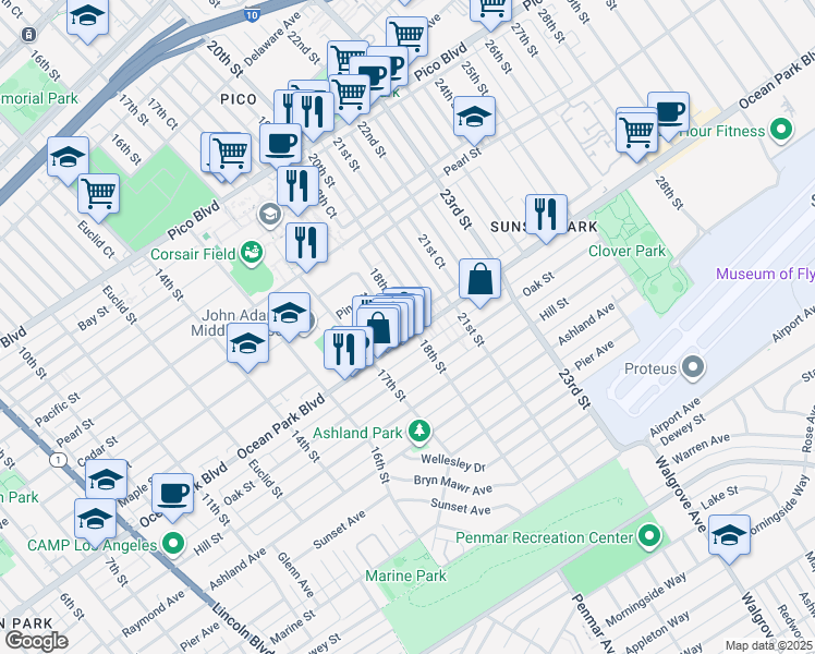 map of restaurants, bars, coffee shops, grocery stores, and more near 2516 18th Court in Santa Monica