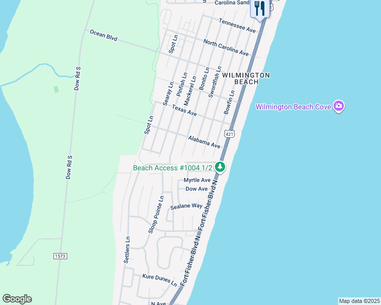 map of restaurants, bars, coffee shops, grocery stores, and more near 1714 Bonito Lane in Carolina Beach