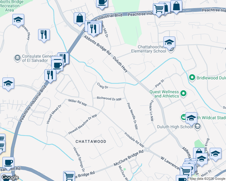 map of restaurants, bars, coffee shops, grocery stores, and more near 3184 Craig Drive in Duluth