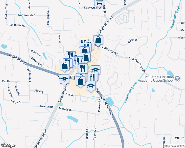 map of restaurants, bars, coffee shops, grocery stores, and more near 2592 Alcovy Trail Northeast in Marietta