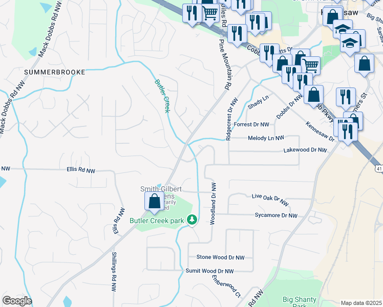 map of restaurants, bars, coffee shops, grocery stores, and more near 3003 Butler Creek Road Northwest in Kennesaw