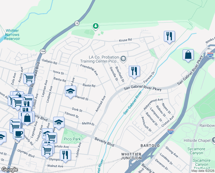 map of restaurants, bars, coffee shops, grocery stores, and more near 4018 Amistad Avenue in Pico Rivera
