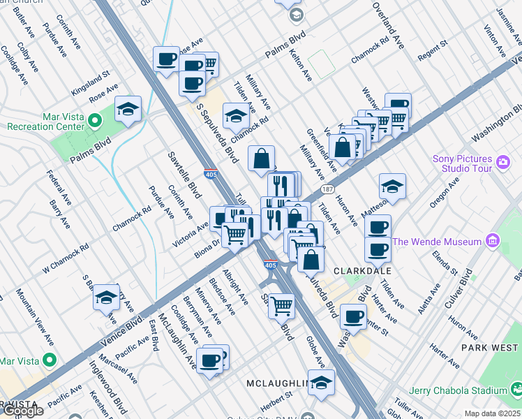 map of restaurants, bars, coffee shops, grocery stores, and more near 3747 Dufresne Court in Los Angeles