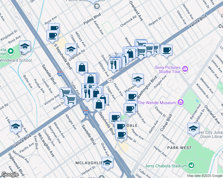 map of restaurants, bars, coffee shops, grocery stores, and more near 3844 Tilden Avenue in Culver City