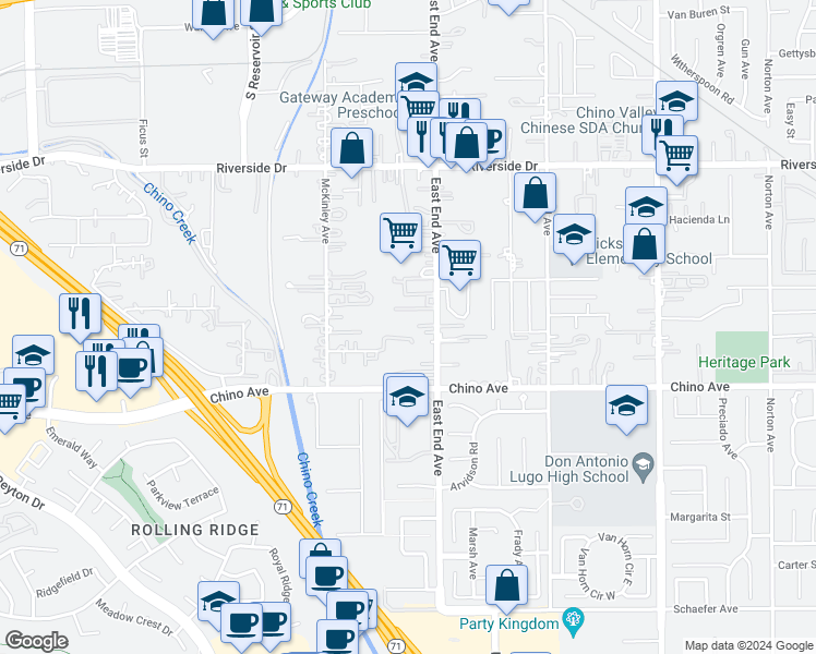 map of restaurants, bars, coffee shops, grocery stores, and more near 13200 East End Avenue in Chino