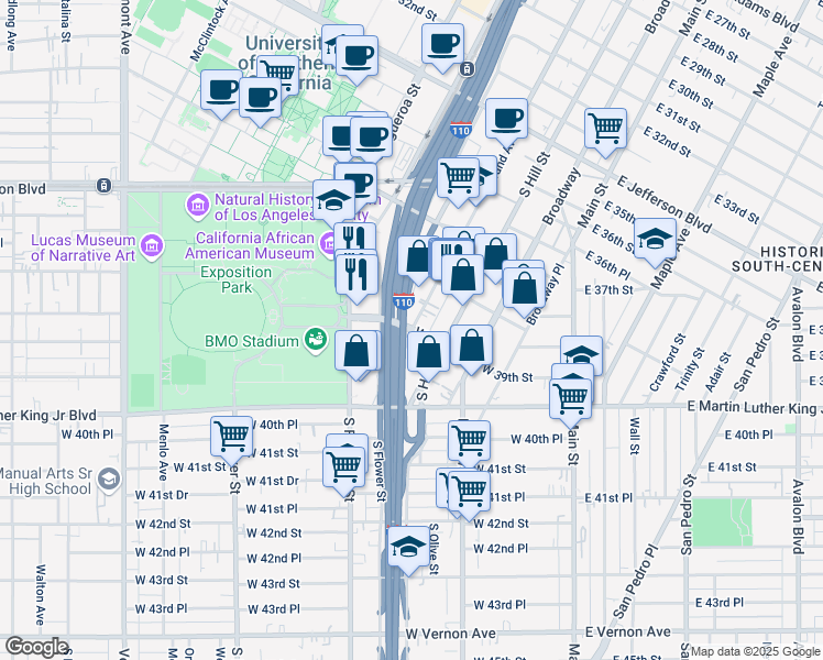 map of restaurants, bars, coffee shops, grocery stores, and more near S Grand Ave & W 39th St in Los Angeles