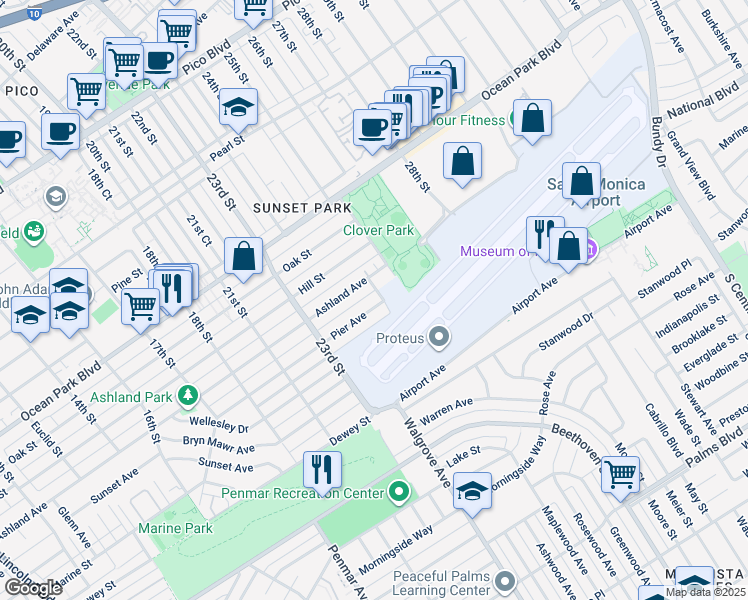 map of restaurants, bars, coffee shops, grocery stores, and more near 2450 Ashland Avenue in Santa Monica