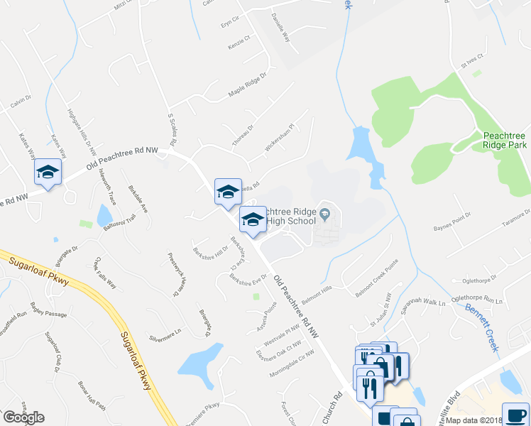 map of restaurants, bars, coffee shops, grocery stores, and more near 1615 Old Peachtree Road Northwest in Suwanee