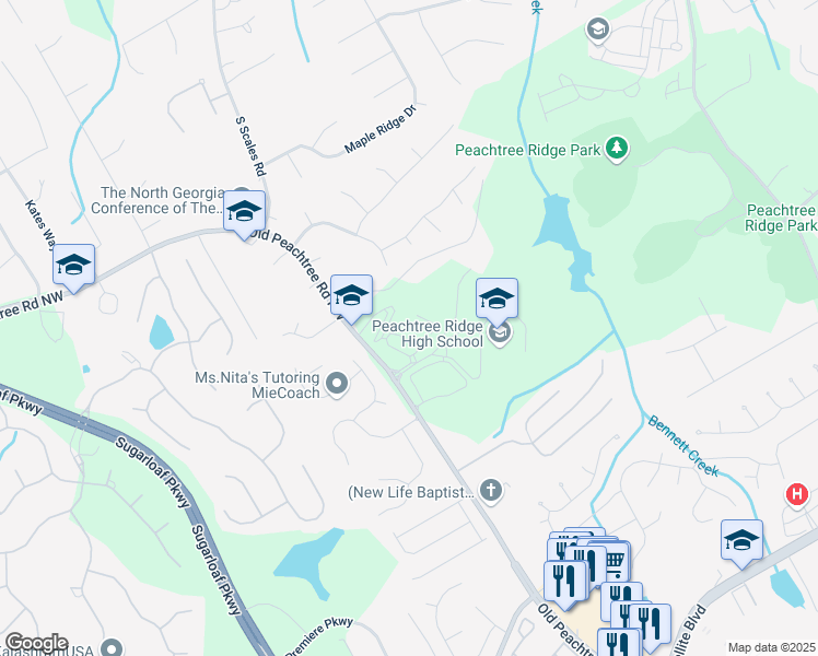 map of restaurants, bars, coffee shops, grocery stores, and more near 1615 Old Peachtree Road Northwest in Suwanee