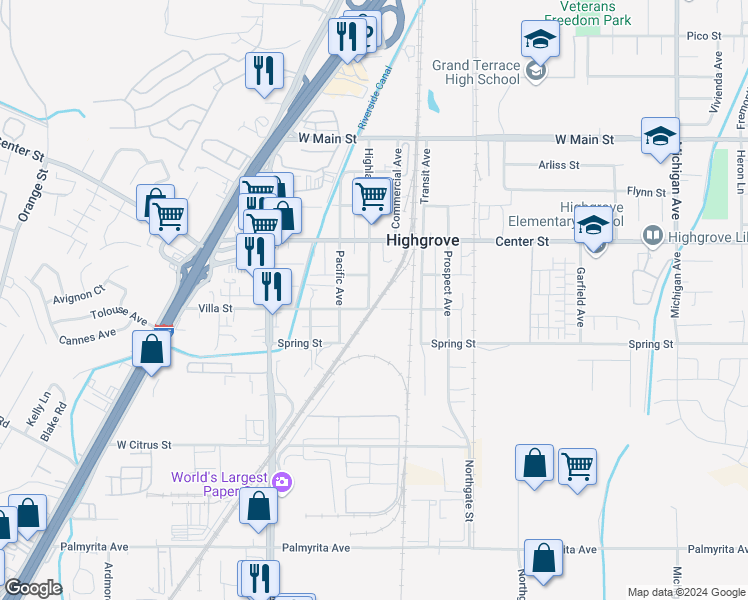 map of restaurants, bars, coffee shops, grocery stores, and more near 434 Highland Avenue in Riverside