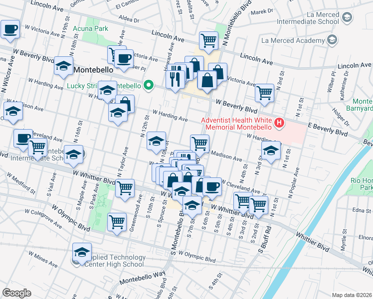 map of restaurants, bars, coffee shops, grocery stores, and more near 821 West Madison Avenue in Montebello