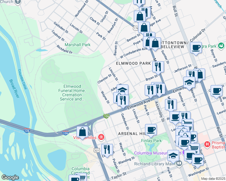map of restaurants, bars, coffee shops, grocery stores, and more near 809 Aiken Street in Columbia
