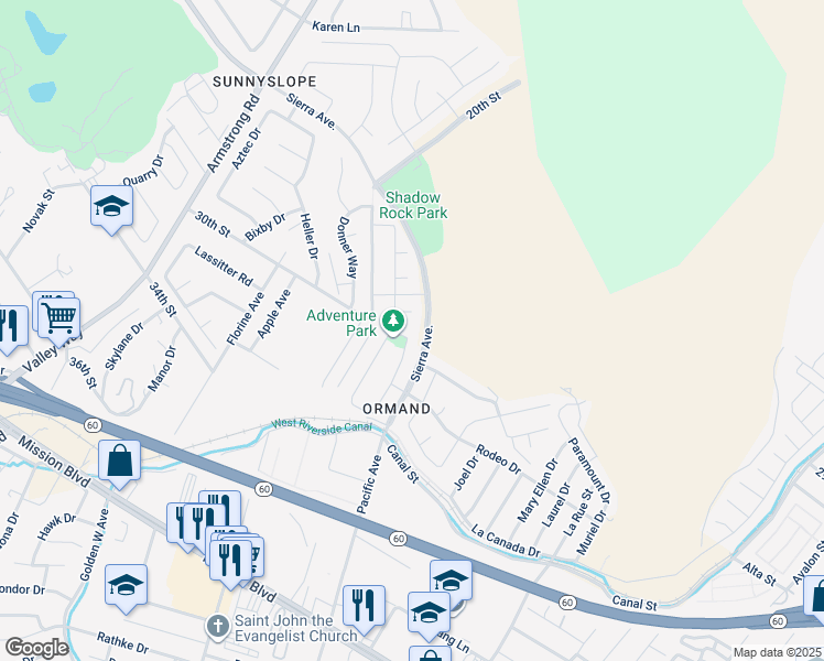 map of restaurants, bars, coffee shops, grocery stores, and more near 6585 Telluride Way in Jurupa Valley