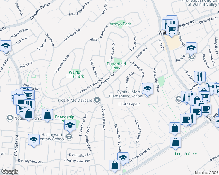 map of restaurants, bars, coffee shops, grocery stores, and more near 3501 Whitingham Drive in West Covina