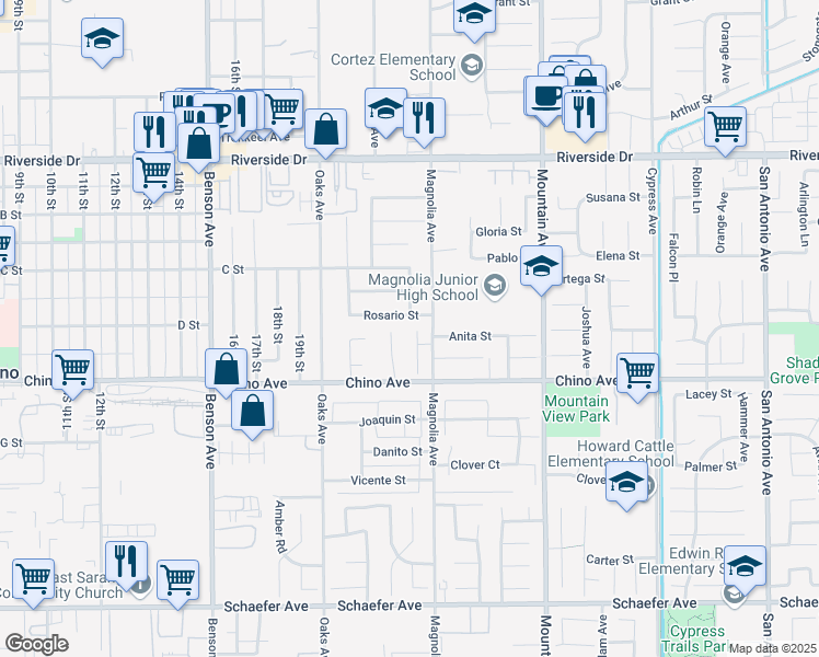 map of restaurants, bars, coffee shops, grocery stores, and more near 13202 Rancho Bernard Court in Chino