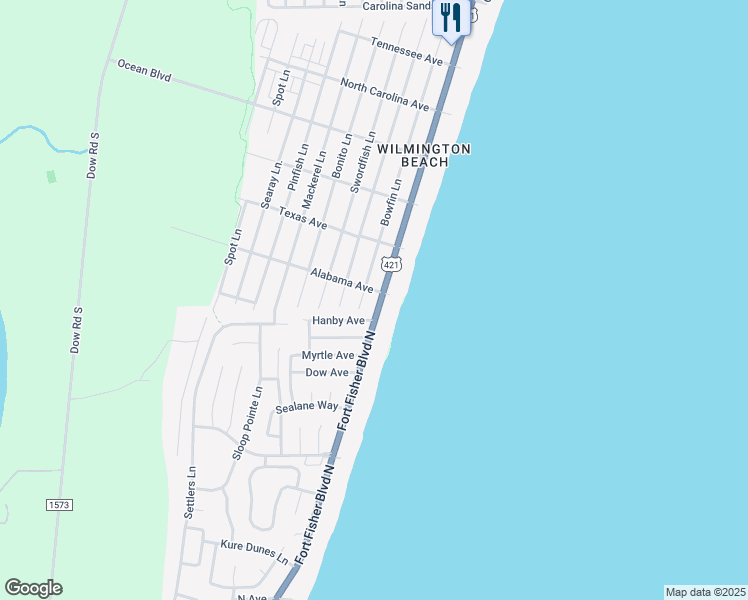 map of restaurants, bars, coffee shops, grocery stores, and more near 107 Alabama Avenue in Kure Beach