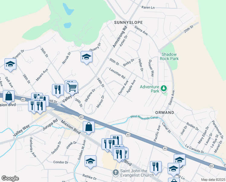 map of restaurants, bars, coffee shops, grocery stores, and more near 3318 Felisa Court in Riverside