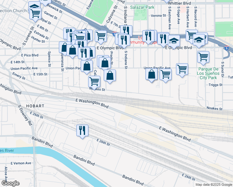 map of restaurants, bars, coffee shops, grocery stores, and more near 3800 Noakes Street in Los Angeles