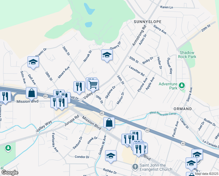 map of restaurants, bars, coffee shops, grocery stores, and more near 3483 Skylane Drive in Riverside