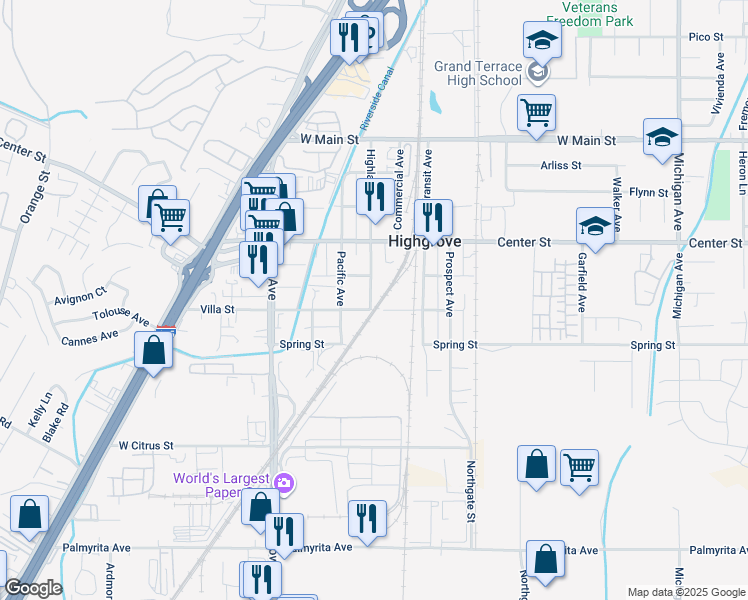 map of restaurants, bars, coffee shops, grocery stores, and more near 434 Highland Avenue in Riverside