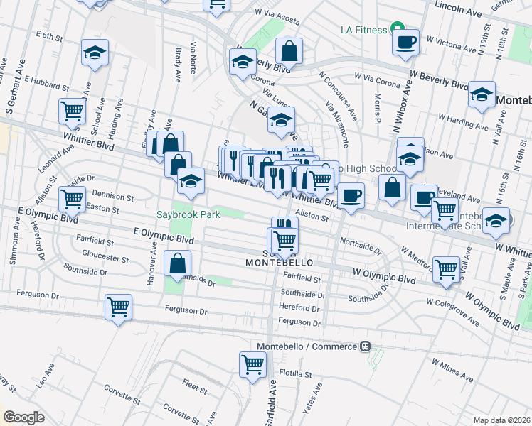 map of restaurants, bars, coffee shops, grocery stores, and more near 6537 West Northside Drive in East Los Angeles