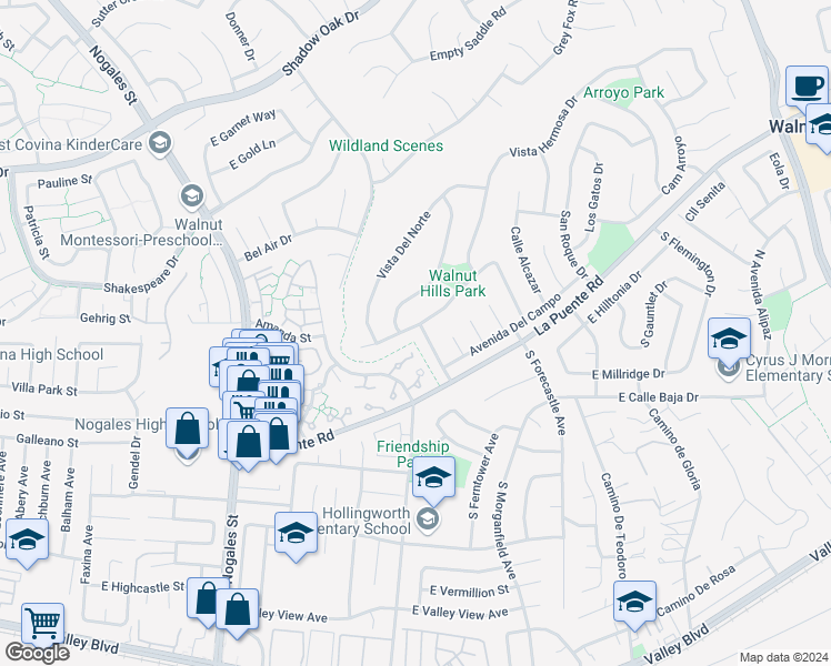 map of restaurants, bars, coffee shops, grocery stores, and more near 19378 Avenida Del Sol in Walnut