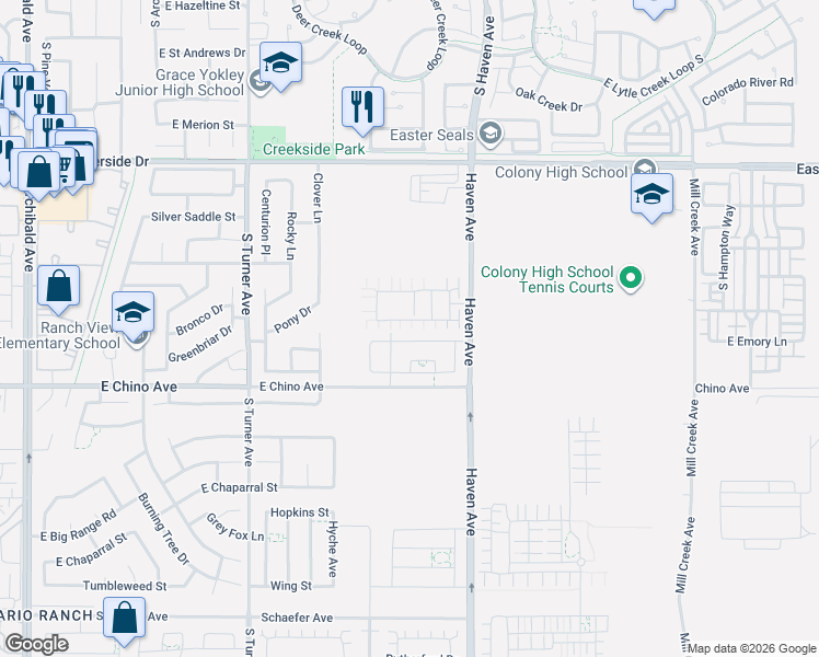 map of restaurants, bars, coffee shops, grocery stores, and more near 3424 E Moonstone Drive in Ontario