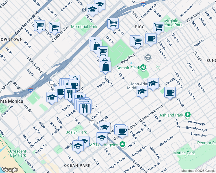 map of restaurants, bars, coffee shops, grocery stores, and more near 1215 Grant Street in Santa Monica