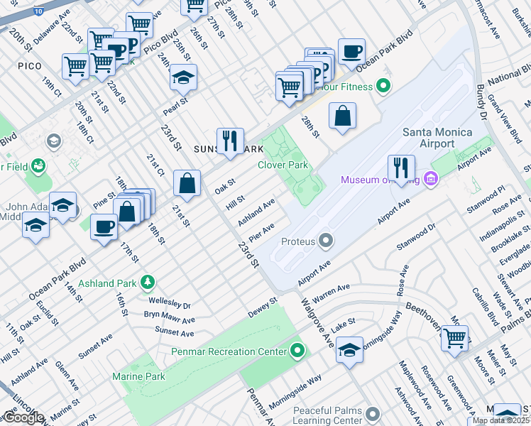 map of restaurants, bars, coffee shops, grocery stores, and more near 2414 Ashland Avenue in Santa Monica