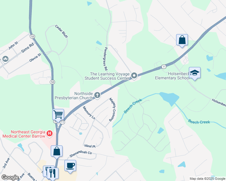 map of restaurants, bars, coffee shops, grocery stores, and more near 507 Jefferson Highway in Winder