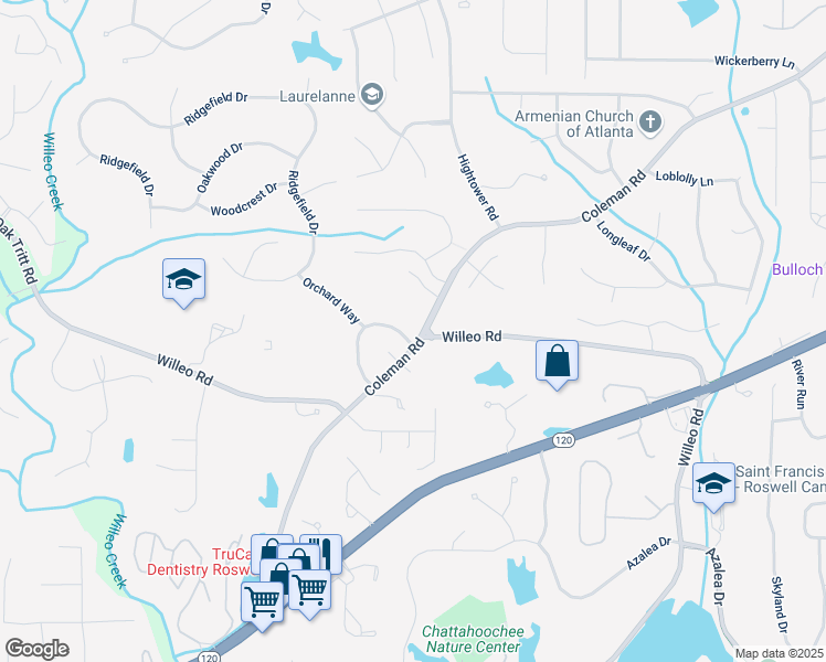 map of restaurants, bars, coffee shops, grocery stores, and more near 9490 Coleman Road in Roswell