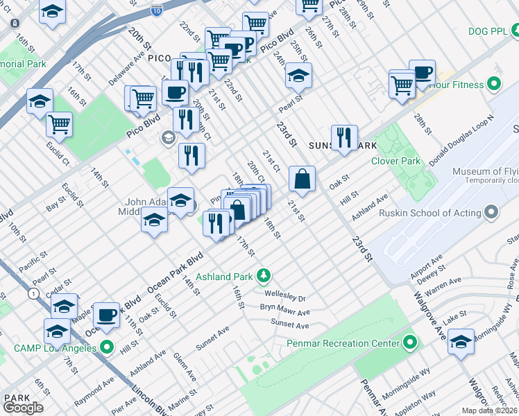 map of restaurants, bars, coffee shops, grocery stores, and more near 1811 Ocean Park Boulevard in Santa Monica