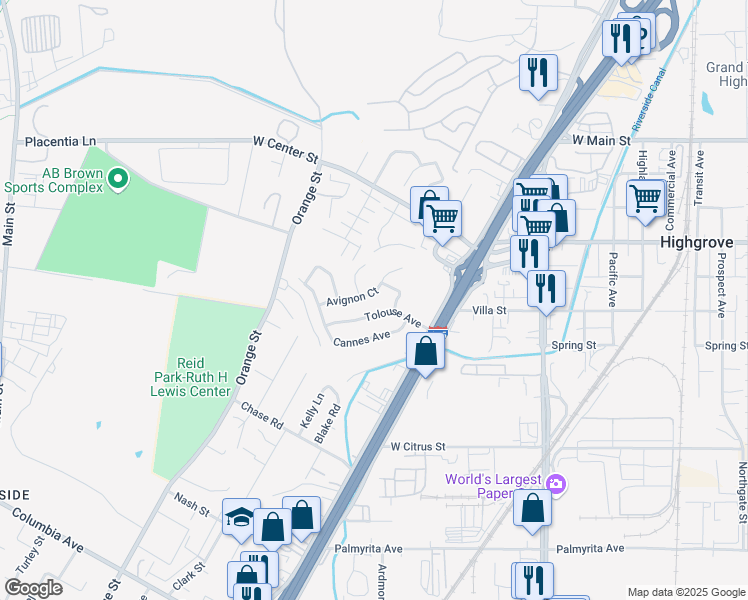 map of restaurants, bars, coffee shops, grocery stores, and more near 490 Avignon Court in Riverside