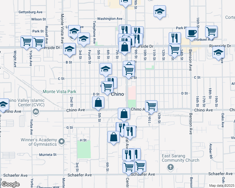 map of restaurants, bars, coffee shops, grocery stores, and more near 13798 Roswell Avenue in Chino