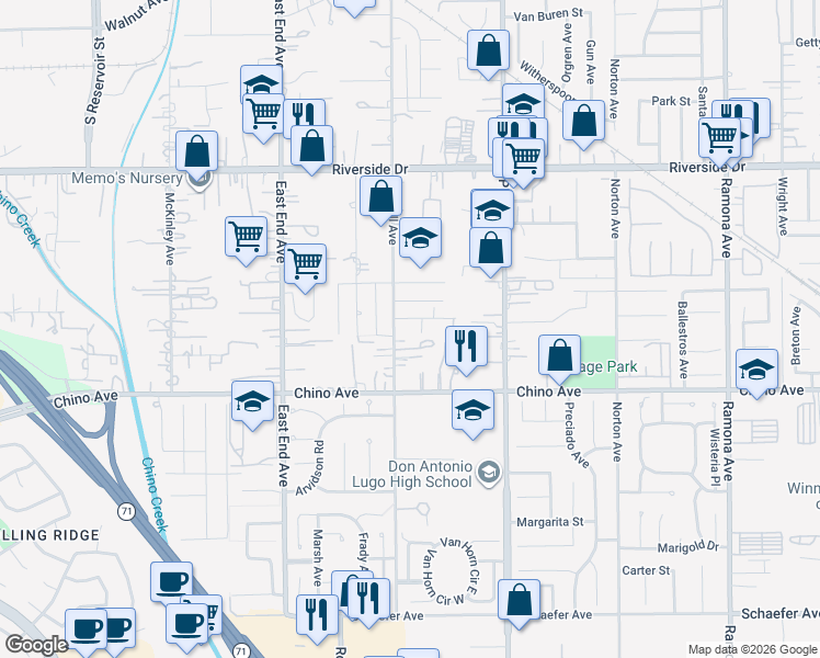 map of restaurants, bars, coffee shops, grocery stores, and more near 3943 Christina Road in Chino