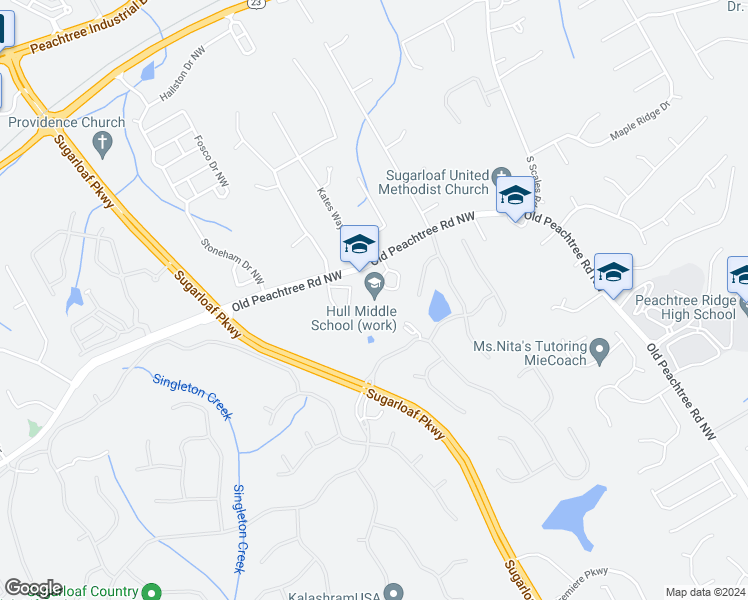 map of restaurants, bars, coffee shops, grocery stores, and more near 1950 Old Peachtree Road Northwest in Duluth
