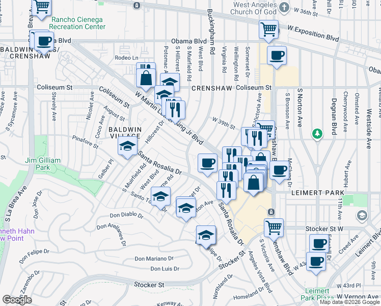 map of restaurants, bars, coffee shops, grocery stores, and more near 4018 Buckingham Road in Los Angeles