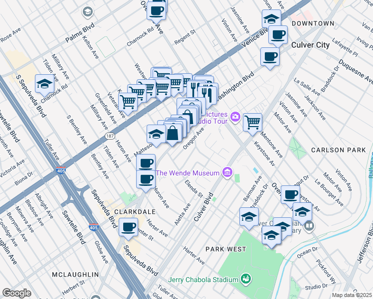 map of restaurants, bars, coffee shops, grocery stores, and more near 10822 Oregon Avenue in Culver City