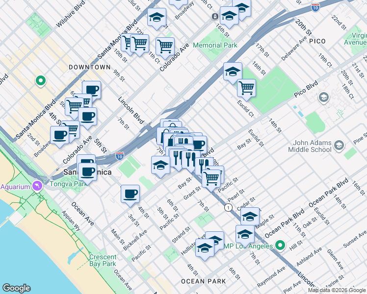 map of restaurants, bars, coffee shops, grocery stores, and more near 1820 9th Street in Santa Monica