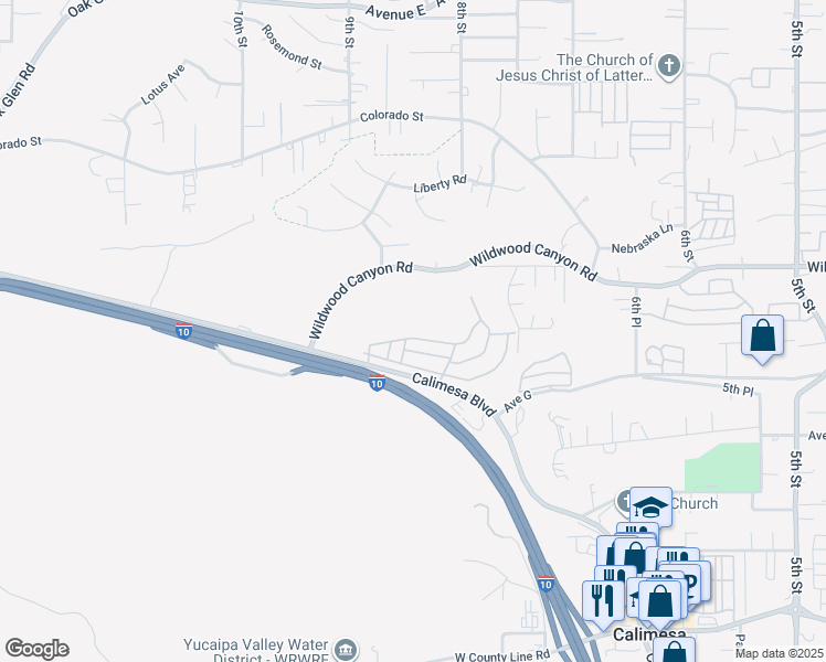 map of restaurants, bars, coffee shops, grocery stores, and more near 33600 Calimesa Boulevard in Yucaipa