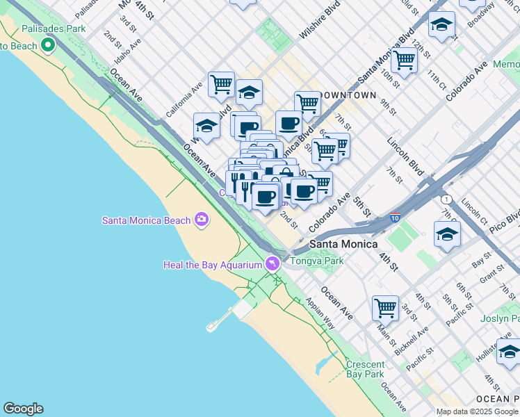 map of restaurants, bars, coffee shops, grocery stores, and more near 1431 Ocean Avenue in Santa Monica