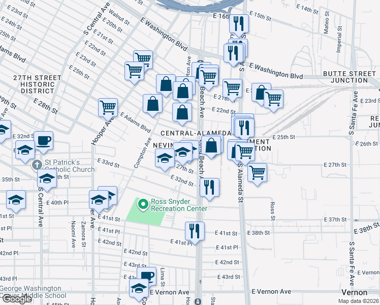 map of restaurants, bars, coffee shops, grocery stores, and more near 2521 Long Beach Ave W in Los Angeles