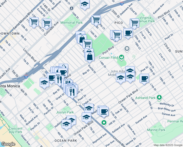 map of restaurants, bars, coffee shops, grocery stores, and more near 1215 Grant Street in Santa Monica