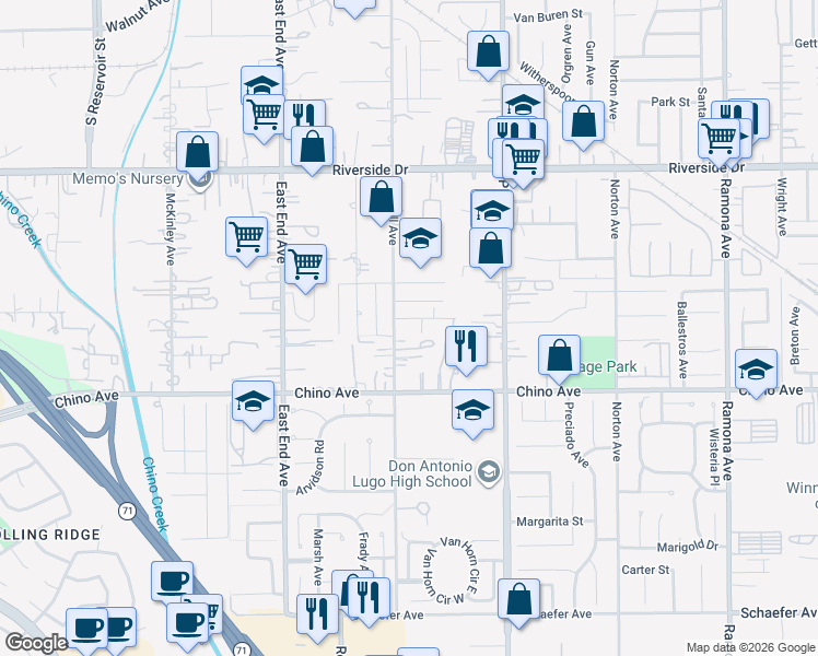 map of restaurants, bars, coffee shops, grocery stores, and more near 3943 Christina Road in Chino