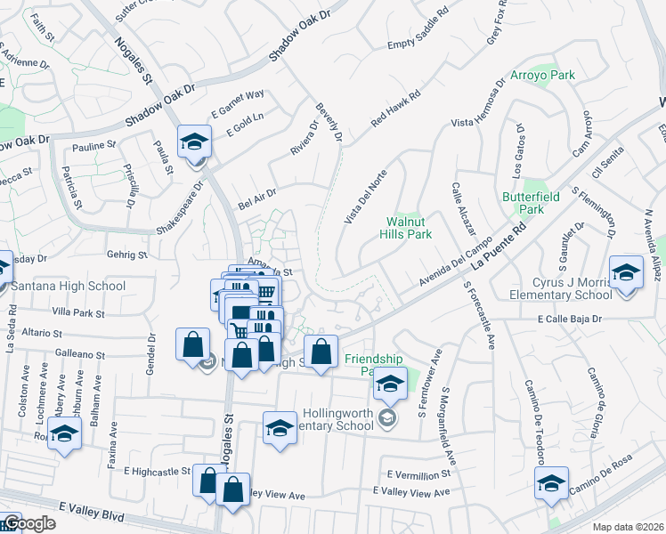 map of restaurants, bars, coffee shops, grocery stores, and more near 329 Vista Del Norte in Walnut