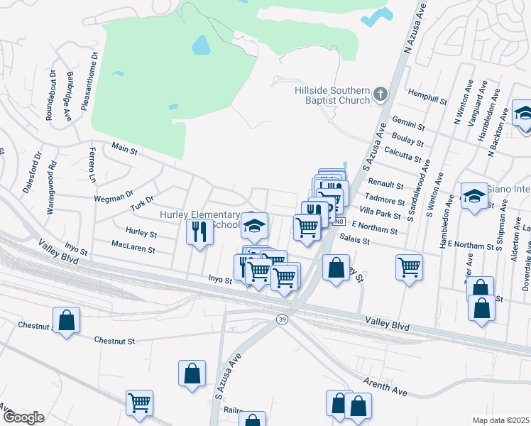 map of restaurants, bars, coffee shops, grocery stores, and more near 17300 Azalea Court in La Puente